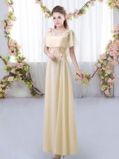 Custom Fit Light Yellow Empire Scoop Short Sleeves Chiffon Floor Length Zipper Appliques Quinceanera Dama Dress