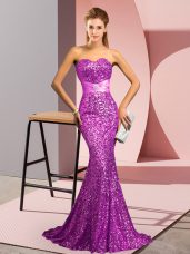 Designer Purple Sequined Zipper Sweetheart Sleeveless Evening Gowns Sweep Train Beading