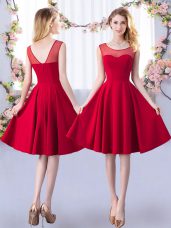 Fitting Red A-line Satin Scoop Sleeveless Ruching Knee Length Zipper Wedding Guest Dresses
