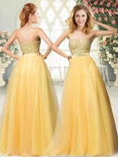 Gold A-line Beading Zipper Tulle Sleeveless Floor Length