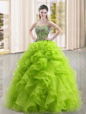 Comfortable Yellow Green Ball Gowns Beading and Ruffles Sweet 16 Dresses Lace Up Organza Sleeveless Floor Length