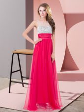 Coral Red Chiffon Side Zipper Scoop Sleeveless Floor Length Going Out Dresses Sequins