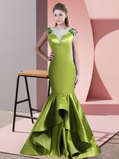 Sleeveless Satin Sweep Train Side Zipper Prom Party Dress in Green and Olive Green with Beading