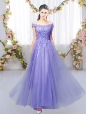 Suitable Floor Length Lavender Bridesmaid Gown Tulle Sleeveless Lace