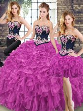 Fuchsia Lace Up Sweetheart Embroidery and Ruffles Quince Ball Gowns Organza Sleeveless