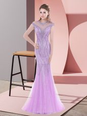 Mermaid Cap Sleeves Lilac Prom Dresses Sweep Train Zipper