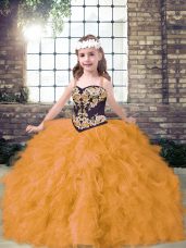 Gold Lace Up Straps Embroidery and Ruffles Pageant Gowns For Girls Tulle Sleeveless