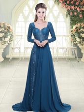 Excellent Empire Long Sleeves Blue Prom Dress Sweep Train Backless
