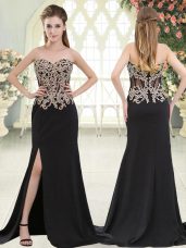 High Quality Elastic Woven Satin Sleeveless Prom Dress Sweep Train and Beading and Appliques