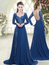 Great Sweep Train A-line Blue Sweetheart Chiffon Long Sleeves Zipper
