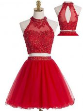 Red Two Pieces Beading and Appliques Zipper Tulle Sleeveless Mini Length