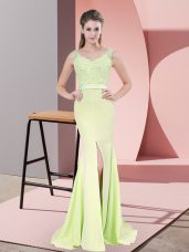 Charming Sleeveless Beading and Lace Zipper Prom Evening Gown with Yellow Green Sweep Train