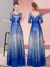 Royal Blue Zipper Prom Party Dress Ruching Half Sleeves Floor Length