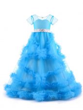 Baby Blue Short Sleeves Beading and Ruffles Floor Length Girls Pageant Dresses