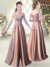Pink Elastic Woven Satin Zipper Scoop Half Sleeves Floor Length Evening Dress Sequins