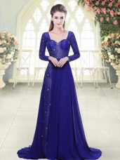Spectacular Long Sleeves Beading and Lace Backless Evening Outfits with Royal Blue Sweep Train