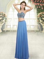 Blue Chiffon Backless Evening Outfits Sleeveless Floor Length Beading