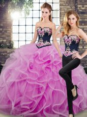 Chic Embroidery and Ruffles Sweet 16 Quinceanera Dress Lilac Lace Up Sleeveless Floor Length Sweep Train