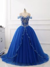 Ball Gowns Sleeveless Royal Blue Quinceanera Dresses Brush Train Lace Up