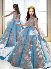 Satin Sleeveless Little Girl Pageant Dress Court Train and Appliques