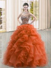 Rust Red Sweetheart Neckline Beading and Ruffles Sweet 16 Dress Sleeveless Lace Up