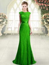 Vintage Green Cap Sleeves Sweep Train Beading and Lace Prom Dresses