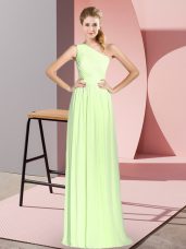 One Shoulder Sleeveless Dress for Prom Floor Length Ruching Yellow Green Chiffon