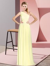 Chiffon One Shoulder Sleeveless Lace Up Ruching Formal Evening Gowns in Yellow