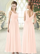 Dramatic Pink Empire Chiffon V-neck Sleeveless Ruching Floor Length Zipper Evening Dress