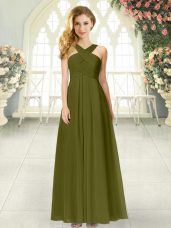Graceful Floor Length Empire Sleeveless Olive Green Party Dress Zipper