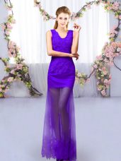 Floor Length Lace Up Dama Dress for Quinceanera Purple for Prom and Party with Lace