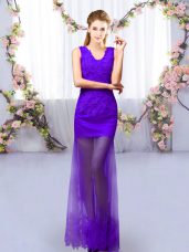 Floor Length Lace Up Dama Dress for Quinceanera Purple for Prom and Party with Lace