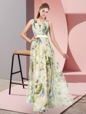 V-neck Sleeveless Printed Prom Dresses Pattern Zipper