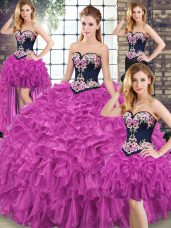 Sleeveless Organza Sweep Train Lace Up Sweet 16 Quinceanera Dress in Fuchsia with Embroidery and Ruffles