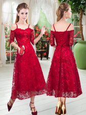 High End Red A-line Lace Prom Dresses Zipper Half Sleeves Tea Length