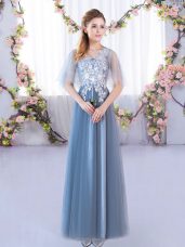 Dynamic Floor Length Blue Quinceanera Dama Dress Tulle Half Sleeves Lace