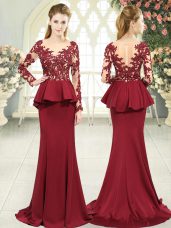 Red Long Sleeves Satin Sweep Train Zipper Evening Dress for Prom and Party