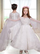 Fashionable Ankle Length White Flower Girl Dresses Scoop Long Sleeves Zipper