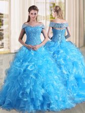 Glamorous Baby Blue Off The Shoulder Lace Up Beading and Lace and Ruffles 15 Quinceanera Dress Sweep Train Sleeveless