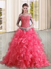 Coral Red Lace Up Off The Shoulder Beading and Lace and Ruffles Sweet 16 Dress Organza Sleeveless Sweep Train
