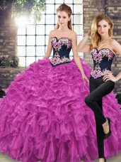 Lace Up Ball Gown Prom Dress Fuchsia for Military Ball and Sweet 16 and Quinceanera with Embroidery and Ruffles Sweep Train