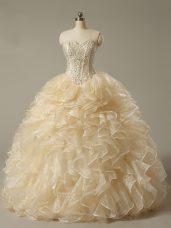 Champagne Sleeveless Beading and Ruffles Floor Length Quinceanera Gown