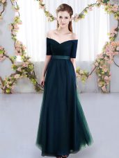 Enchanting Empire Bridesmaid Gown Navy Blue Off The Shoulder Tulle Short Sleeves Floor Length Lace Up
