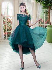 Lace Prom Dresses Peacock Green Lace Up Short Sleeves High Low