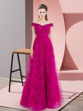 Fuchsia Sleeveless Floor Length Beading and Lace Lace Up Prom Party Dress