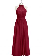 Lovely Burgundy Sleeveless Floor Length Ruching Side Zipper