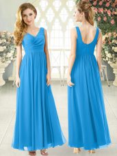 Amazing Blue Empire Ruching Homecoming Dress Zipper Chiffon Sleeveless Ankle Length