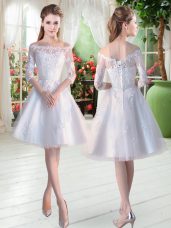 Spectacular Tulle Off The Shoulder Half Sleeves Lace Up Lace and Appliques Prom Gown in White