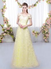 Customized Light Yellow Tulle Lace Up Court Dresses for Sweet 16 Cap Sleeves Floor Length Appliques