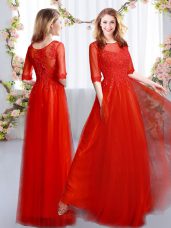 Dynamic Red Tulle Zipper Wedding Guest Dresses Half Sleeves Floor Length Lace